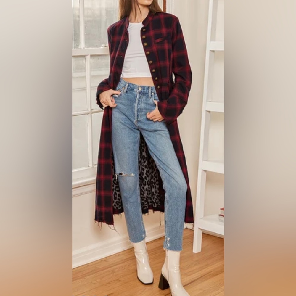 We the free red and black plaid duster
